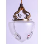 AN ART NOUVEAU BRONZE AND GLASS HANGING PENDANT LAMP. 26 cm x 12 cm inc fittings.