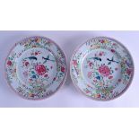 A PAIR OF EARLY 18TH CENTURY CHINESE EXPORT FAMILLE ROSE PLATES Yongzheng, painted with birds amongs