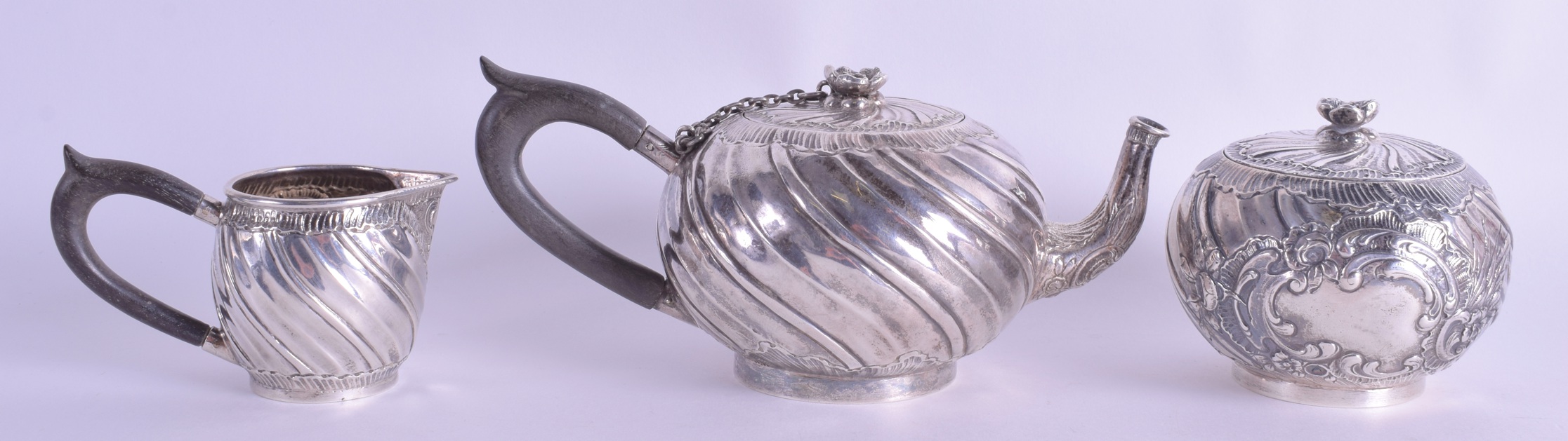 A 19TH CENTURY GERMAN SILVER THREE PIECE BREAKFAST SET. English import marks or 1890. 13 oz. (3)