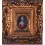 EUROPEAN SCHOOL (18th century), framed oil on tin, portrait of a female in a pink dress. Image 11 cm