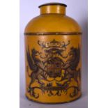 A LARGE TOLEWARE TYPE BOX AND COVER, decorated with an armorial crest. 38 cm high.