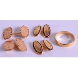 TWO PAIRS OF 18CT GOLD CUFFLINKS together with an 18ct gold wedding band. 14.2 grams. (5)