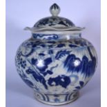 A LARGE 20TH CENTURY CHINESE BLUE AND WHITE PORCELAIN VASE AND COVER, decorated with figures in a la