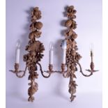 A PAIR OF 18TH/19TH CENTURY CONTINENTAL STRIPPED PINE WALL SCONCES decorated with foliage. 80 cm x 3