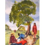 PAMELA M SPENCER (British), framed oil on canvas, signed and dated '69, figures under a tree in a la