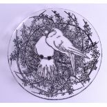 AN UNUSUAL FRENCH LALIQUE GLASS DISH decorated with two love birds amongst foliage. 36 cm diameter.