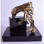 A STYLISH MID CENTURY BRASS DESIGN SCULPTURE modelled upon a stepped plinth. Brass 15 cm x 20 cm.