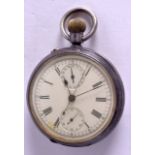 AN ANTIQUE SILVER TRIPLE DIAL CHRONOMETER POCKET WATCH. 4.75 cm wide.