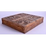 AN UNUSUAL 19TH CENTURY CONTINENTAL FRUITWOOD TREEN BOX possibly Scandinavian, decorated with variou