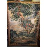 A LARGE 19TH CENTURY EUROPEAN AUBUSSON SAMPLER EMBROIDERED TAPESTRY depicting a landscape. 200 cm x