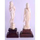 TWO 19TH CENTURY ANGLO INDIAN CARVED IVORY FIGURES modelled upon wooden bases. Ivory 12 cm & 11 cm h