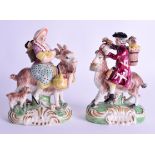A NEAR PAIR OF 19TH CENTURY STAFFORDSHIRE FIGURES OF A WELSH TAILOR together with companion, in the