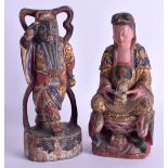 TWO 19TH CENTURY CHINESE POLYCHROMED WOOD FIGURES. 20 cm & 19 cm high. (2)