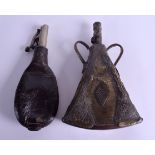 AN ANTIQUE LEATHER SHOT POWDER FLASK together with another metal flask. 21 cm & 19 cm long. (2)