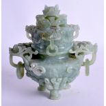 AN EARLY 20TH CENTURY CHINESE CARVED JADE CENSER AND COVER Late Qing/Republic, decorated with kylin