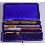 THREE SHEAFFER FOUNTAIN PENS together with a parker pen. (4)