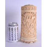 A RARE LARGE 19TH CENTURY CHINESE CARVED IVORY CYLINDRICAL POT AND COVER Qing, decorated with figure