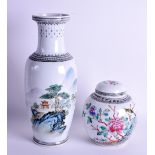 A CHINESE REPUBLICAN PERIOD FAMILLE ROSE VASE painted with a mountainous landscape, together with a