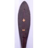 A FINE AND RARE 19TH CENTURY TRIBAL TONGAN CARVED WOOD WAR CLUB inlaid with marine ivory motifs, the