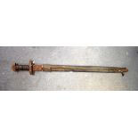 AN ANTIQUE SWORD, formed with a thick leather bound handle. 103 cm long.