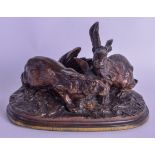 A 19TH CENTURY FRENCH BRONZE GROUP OF HARES by Pierre Jules Mede (1810-1879). 13.5 cm wide.