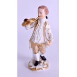 AN 18TH CENTURY DERBY FIGURE OF A BOY modelled playing a French horn. 12 cm high.