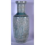 A LARGE CHINESE CELADON GLAZED PORCELAIN ROULEAU VASE, decorated in relief with immortals amongst th
