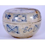 A 17TH CENTURY CHINESE BLUE AND WHITE PORCELAIN COSMETIC BOX, painted with symbols and foliage. 7.5