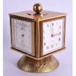 AN UNUSUAL VINTAGE IMHOF BUCHERER BRASS WORLD DESK CLOCK with silvered dials. 11 cm x 7 cm.