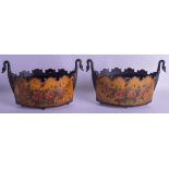 A PAIR OF 19TH CENTURY FRENCH TOLEWARE SWAN NECK PLANTERS decorated with flowers. 28 cm x 18 cm.