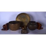 AN EARLY 20TH CENTURY ISLAMIC BRASS DISH, together with a tile, bowl etc. Largest 32 cm wide.