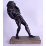 A 17TH/18TH CENTURY EUROPEAN BRONZE FIGURE OF A LEANING MALE possibly Italian, modelled holding a sa