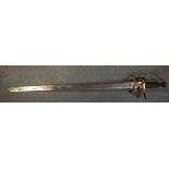 A SPANISH TOLEDO SWORD, etched with a knight on horseback, "Colada Del Cid". 101 cm long.