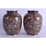 A GOOD PAIR OF 19TH CENTURY JAPANESE MEIJI PERIOD SILVER CLOISONNE ENAMEL VASES in the manner of Nam