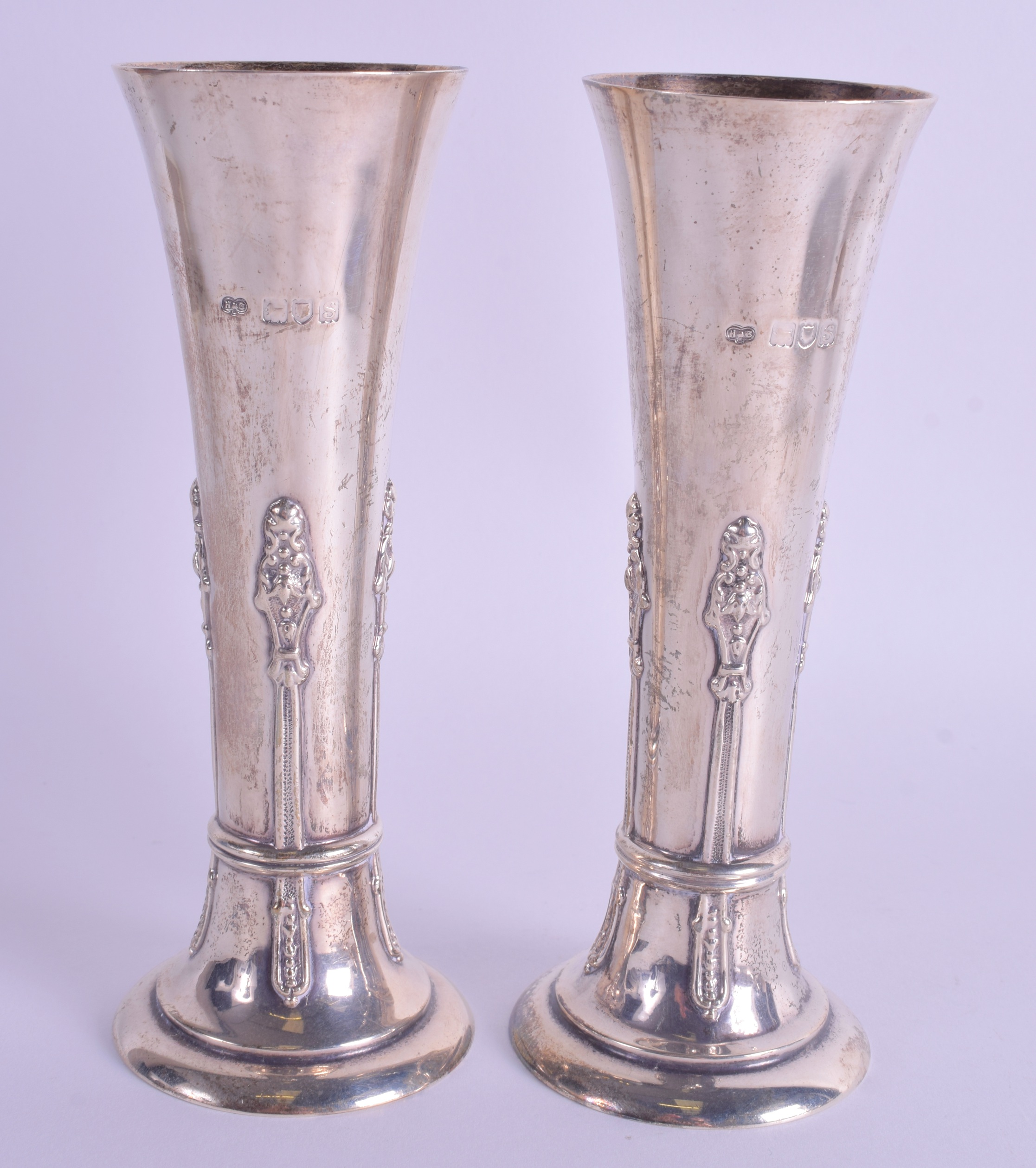 A PAIR OF HAMILTON & CO SILVER VASES. London 1913. 12 oz. 16.5 cm high.