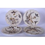 A SET OF FOUR EUROPEAN AESTHETIC MOVEMENT PORCELAIN DISH, painted with birds and insects amongst fol