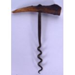 AN ANTIQUE STAG ANTLER HANDLED CORKSCREW, formed with a steel worm. 12 cm x 8.6 cm.