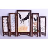 A 1950S CHINESE PAINTED MARBLE AND SOFTWOOD SCHOLARS SCREEN painted with a hawk and various birds wi