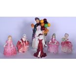 A ROYAL DOULTON PORCELAIN FIGURINE OF "BIDDY PENNY-FARTHING", together with four others and a Coalpo