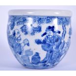 A CHINESE BLUE AND WHITE PORCELAIN BOWL OR JARDINIÈRE, decorated with immortals in a landscape. 12.5