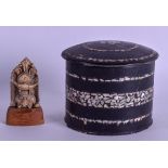A 19TH CENTURY SRI LANKAN BUDDHIST CARVING together with a mother of pearl inlaid lacquer box. Prove