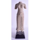 A SOUTH EAST ASIAN CAMBODIAN CARVED STONE TORSO SCULPTURE. Torso 36 cm x 13 cm.