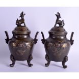 A PAIR OF 19TH CENTURY JAPANESE MEIJI PERIOD TWIN HANDLED BRONZE VASES gold onlaid with birds amongs