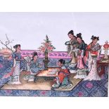 A FRAMED CHINESE PRINT, depicting females gathering round a low table. 17.5 cm x 22.5 cm.