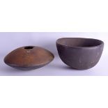 A STYLISH HEAVY CAST IRON CONTEMPORARY SCULPTURE BOWL together with a similar shallow cast iron bowl