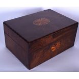 AN EARLY 20TH CENTURY ROSEWOOD VANITY BOX, decorated with satinwood inlaid escutcheon and cartouche,