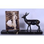 AN ART DECO STYLE PHOTOGRAPH HOLDER, formed with a stag on a black marble base. 38 cm wide.