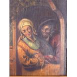 GERMAN SCHOOL (19th century) FRAMED OIL ON PANEL, a male and female holding hands in a doorway. 24.5
