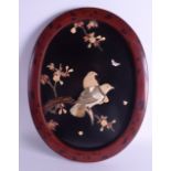 AN EARLY 20TH CENTURY JAPANESE MEIJI PERIOD SHIBAYMA INLAID LACQUER PANEL decorated with birds among