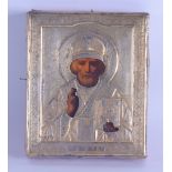 A 19TH CENTURY RUSSIAN SILVER GILT MOUNTED ICON depicting a saint. 11 cm x 14 cm.
